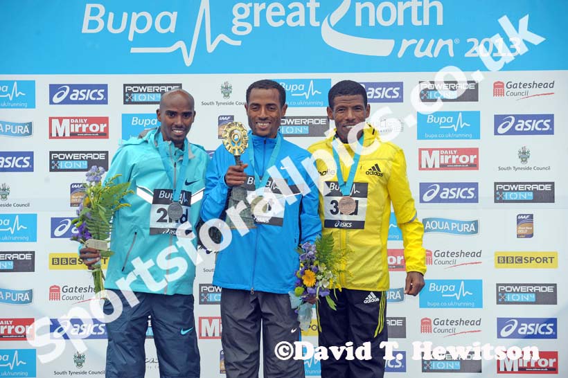 From left to right: 2nd Mo Farah, winner Kenenisa Bekele and 3rd Haile Gebrselassie lin the BUPA Great North Run.